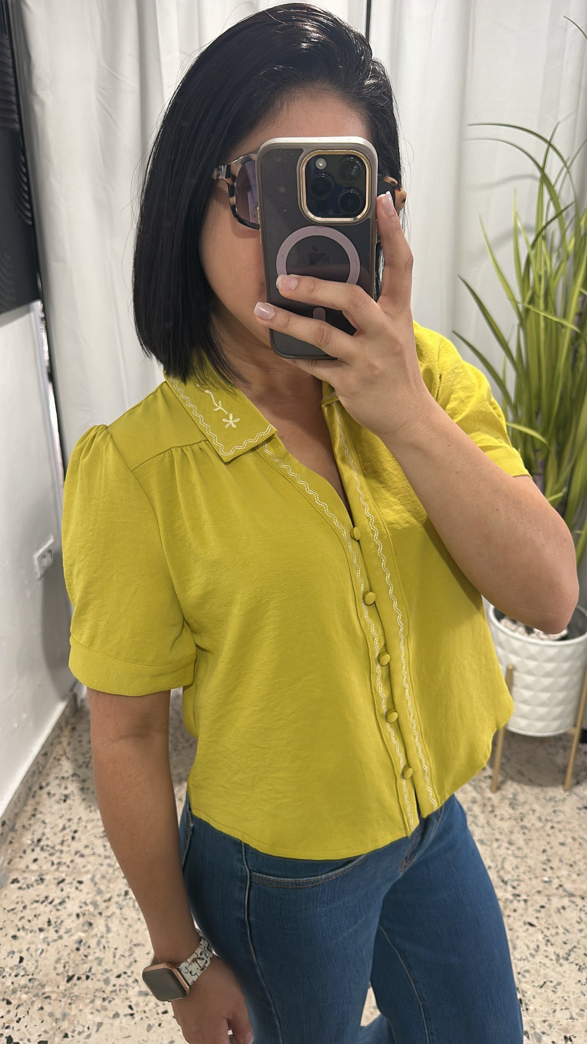 Button down top with embroidered detail