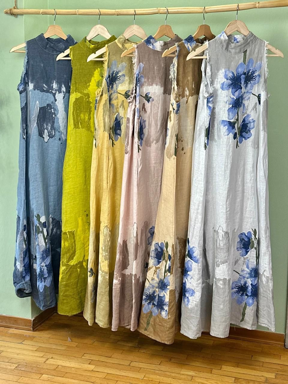 High neck printed linen dress