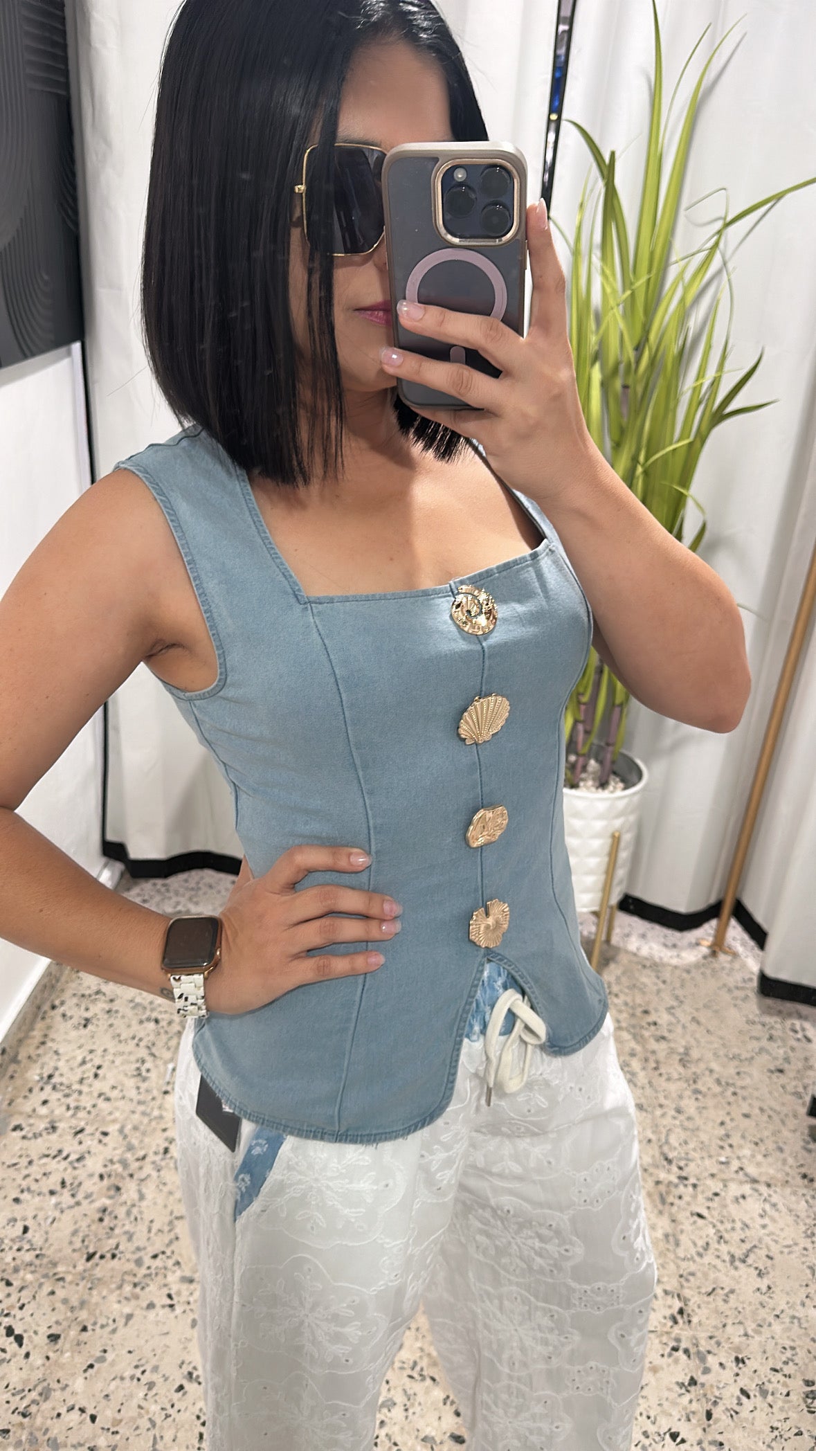 Square neck metal button top