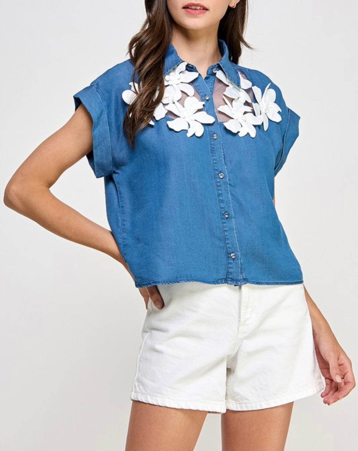 FLOWER DETAIL BUTTON DENIM SHIRT