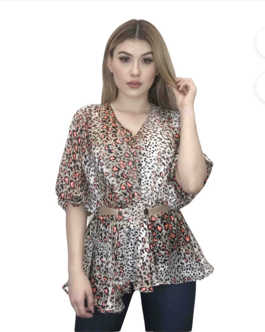 COLOR BLOCKED ANIMAL PRINT TOP WITH BELT