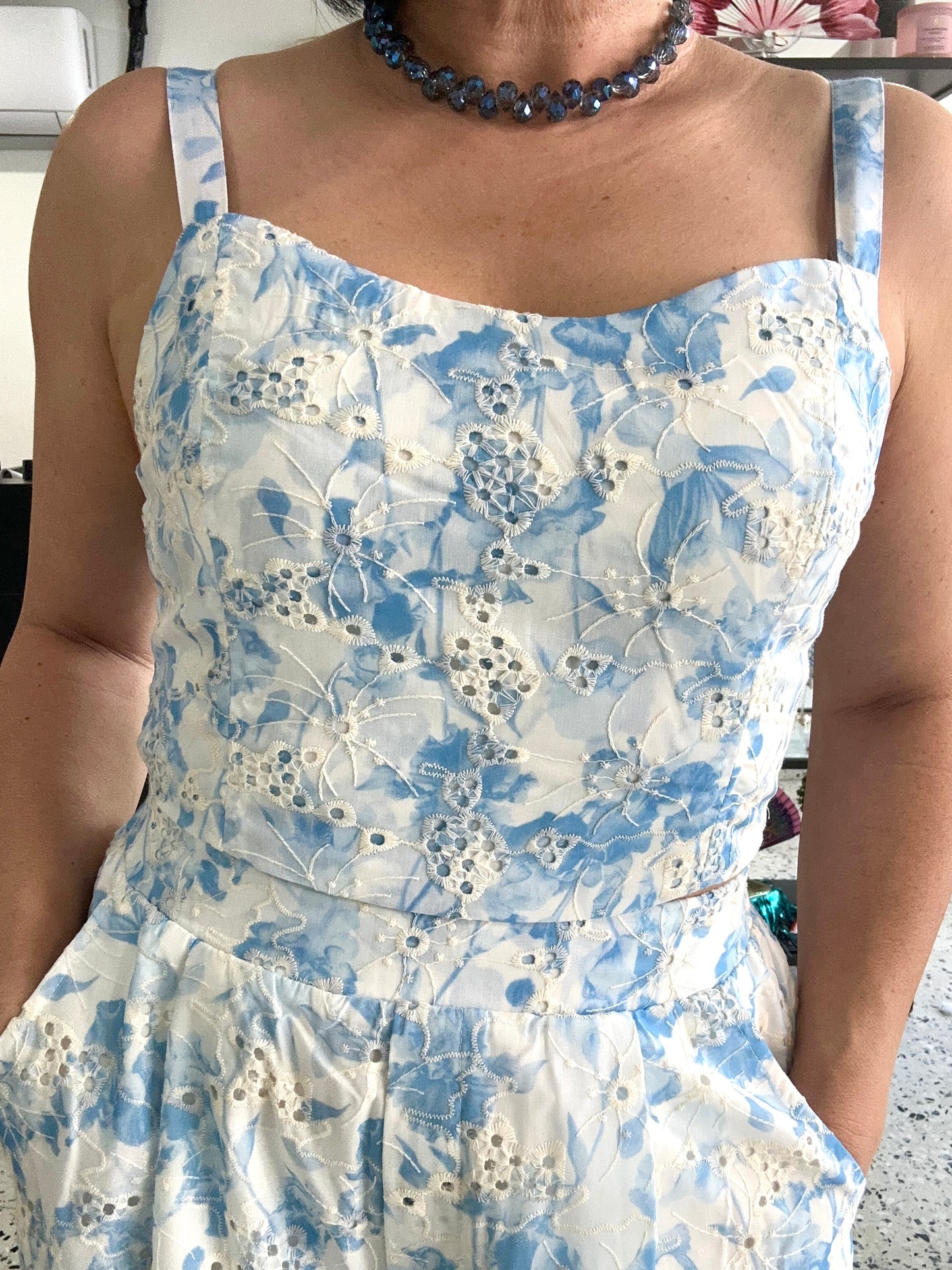 Blue embroidered flowers top