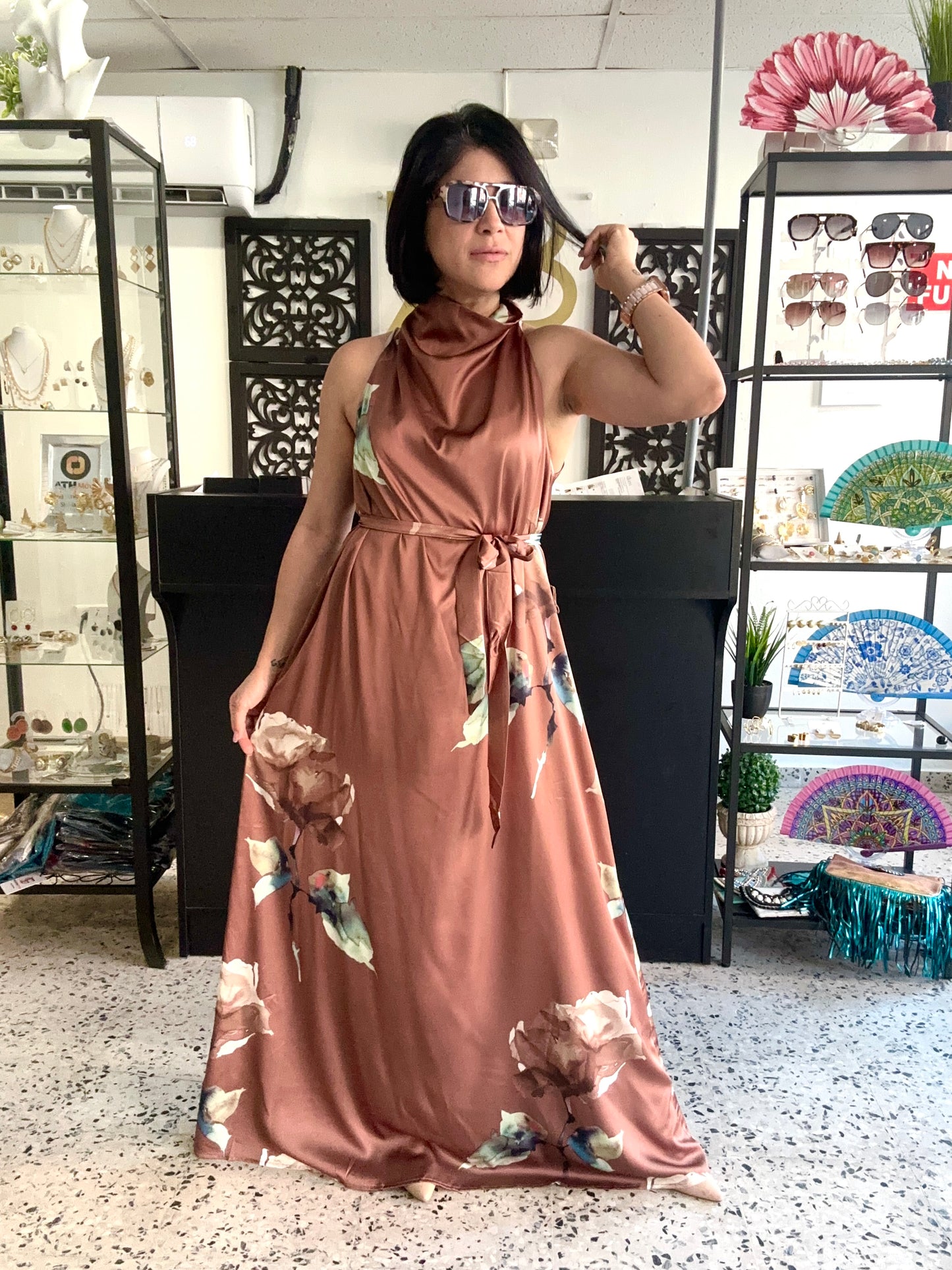 Floral Satin Halter Neck Maxi Dress