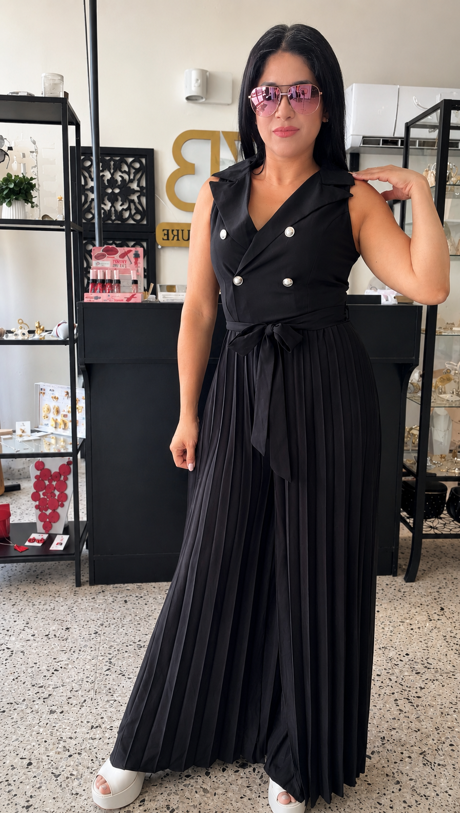 Pleated Jumpsuit with silver buttons
