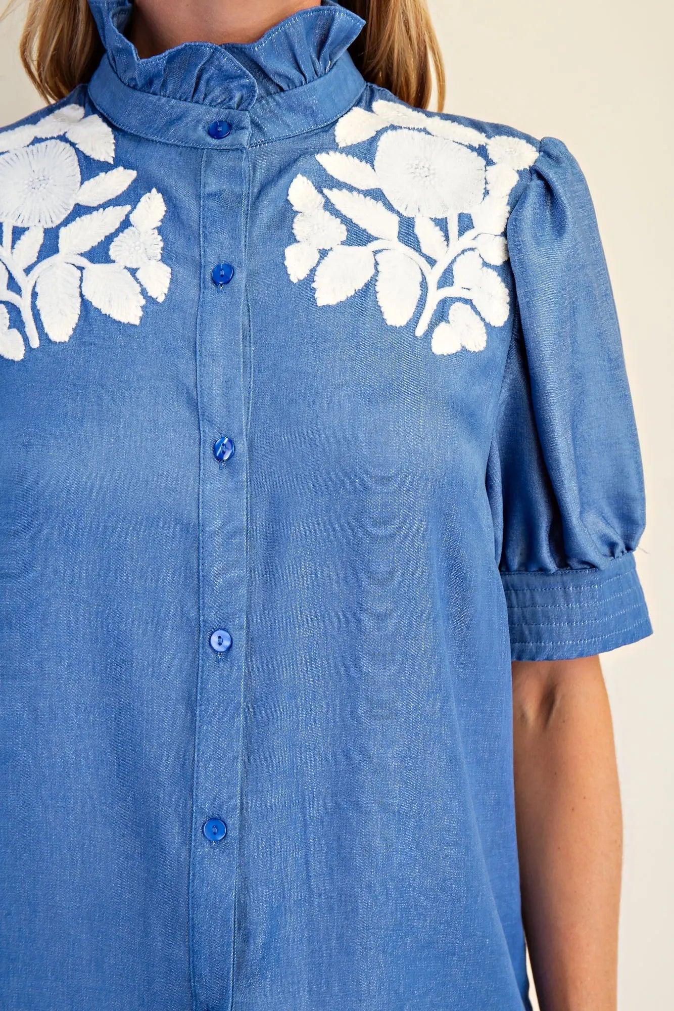 Ruffled neck puff sleeve top