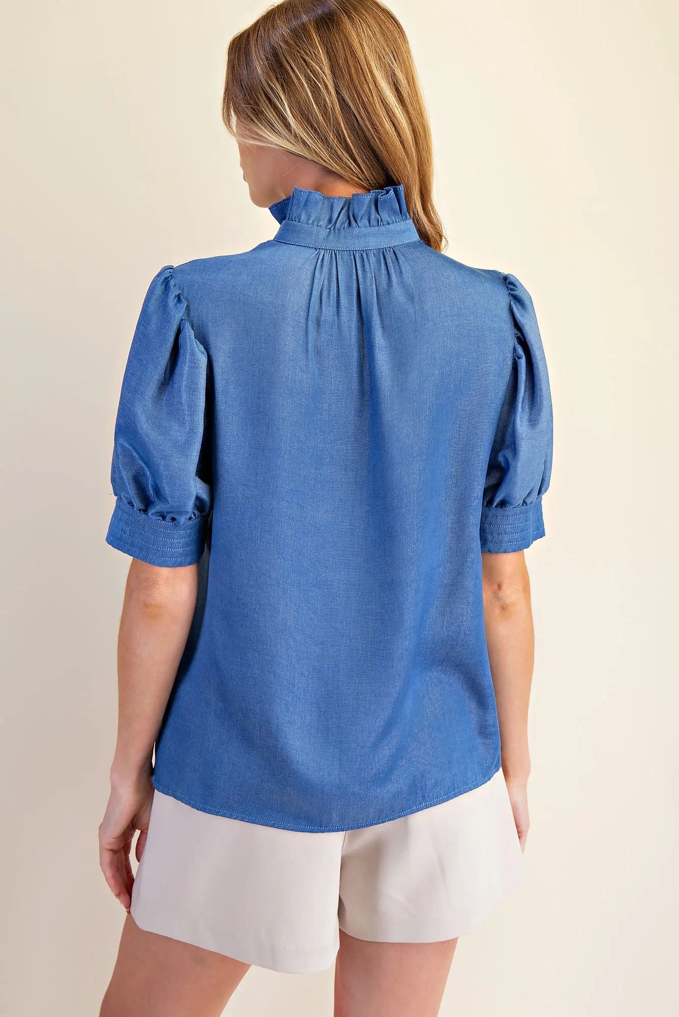 Ruffled neck puff sleeve top