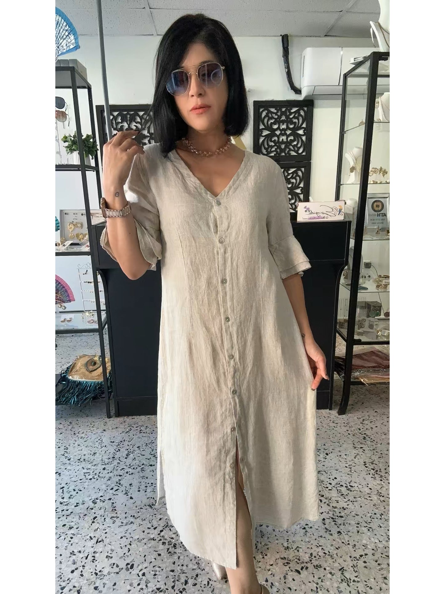 Beige linen dress