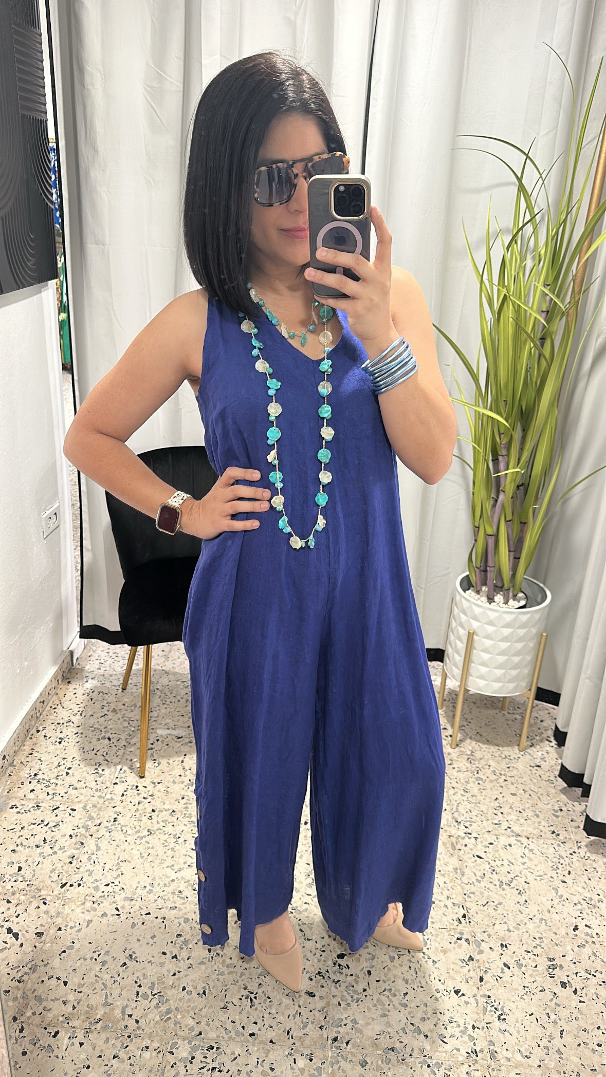Side buttons linen jumpsuit