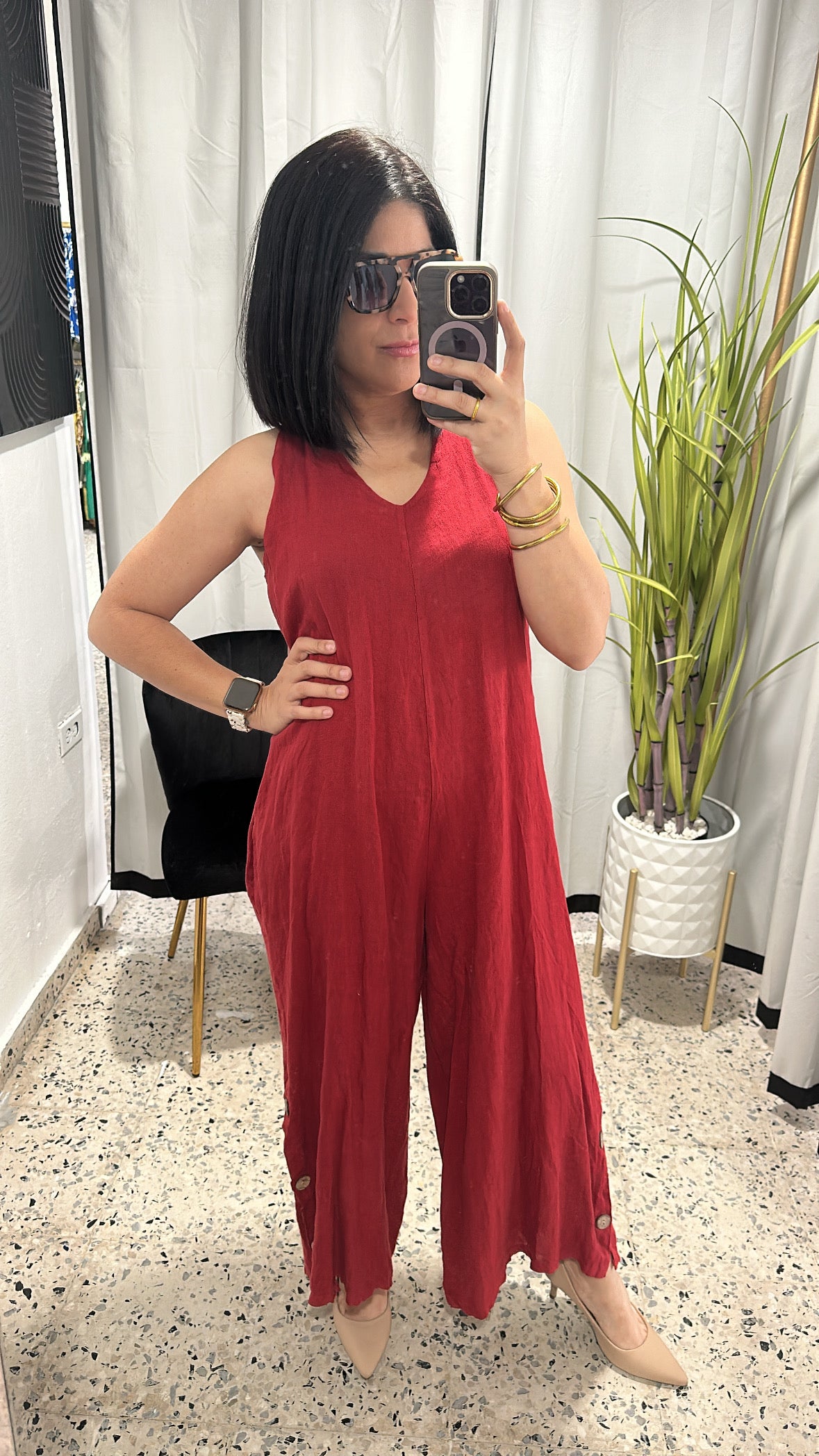 Side buttons linen jumpsuit