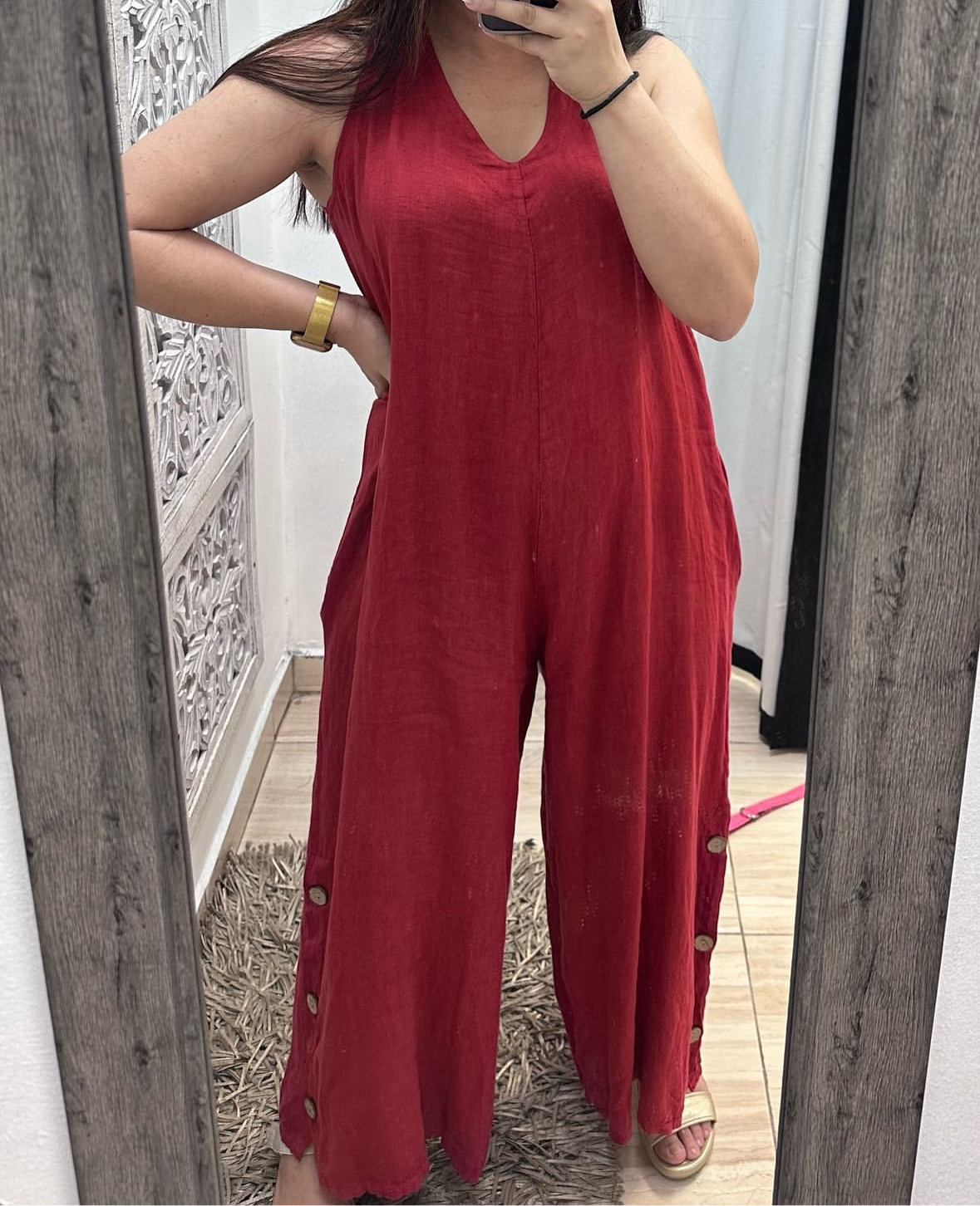 Side buttons linen jumpsuit