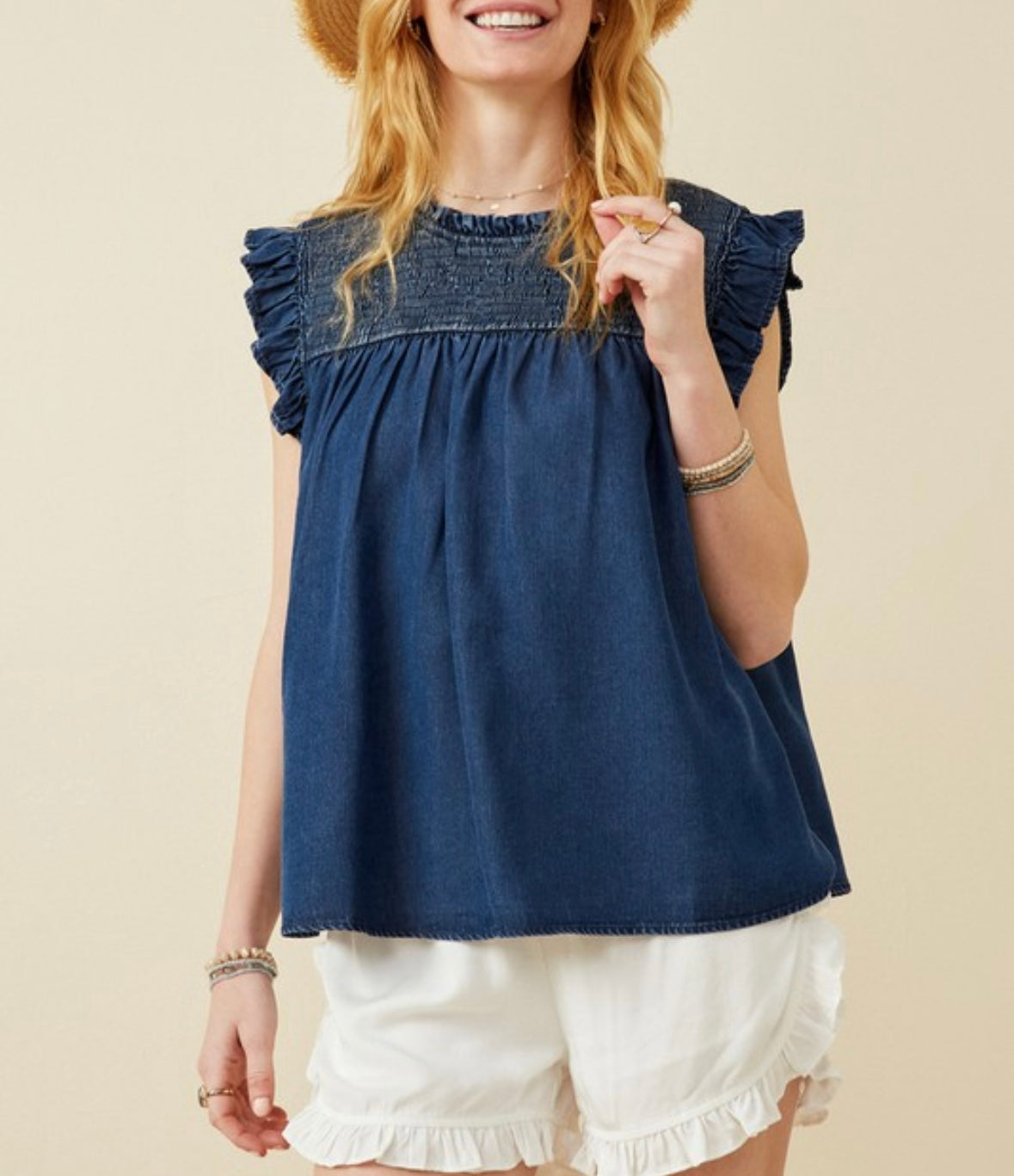 Womens Ruffle Detailed Smocked Denim Tencel tank