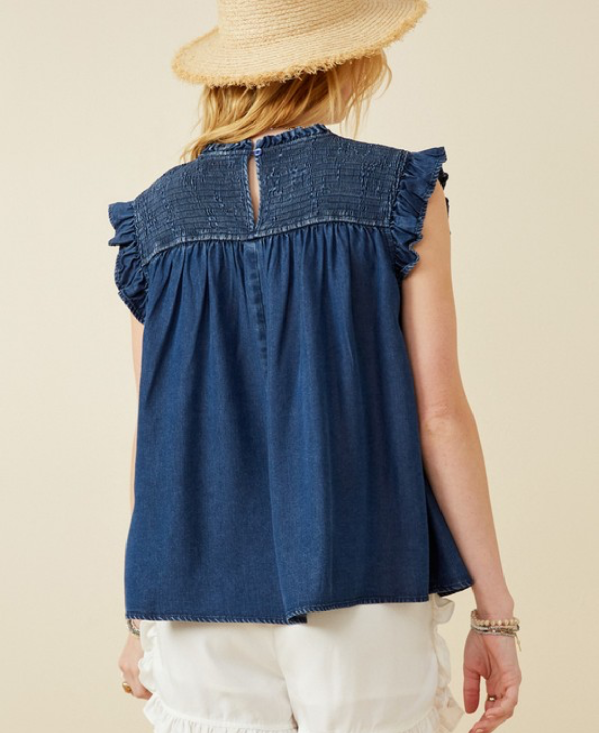 Womens Ruffle Detailed Smocked Denim Tencel tank