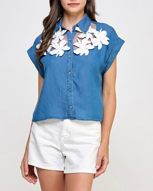 FLOWER DETAIL BUTTON DENIM SHIRT