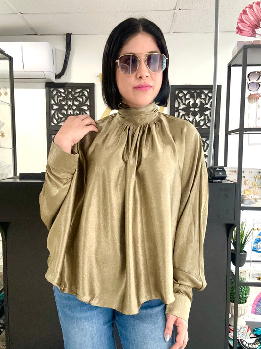 Draped stand-up collar ties at back blouse