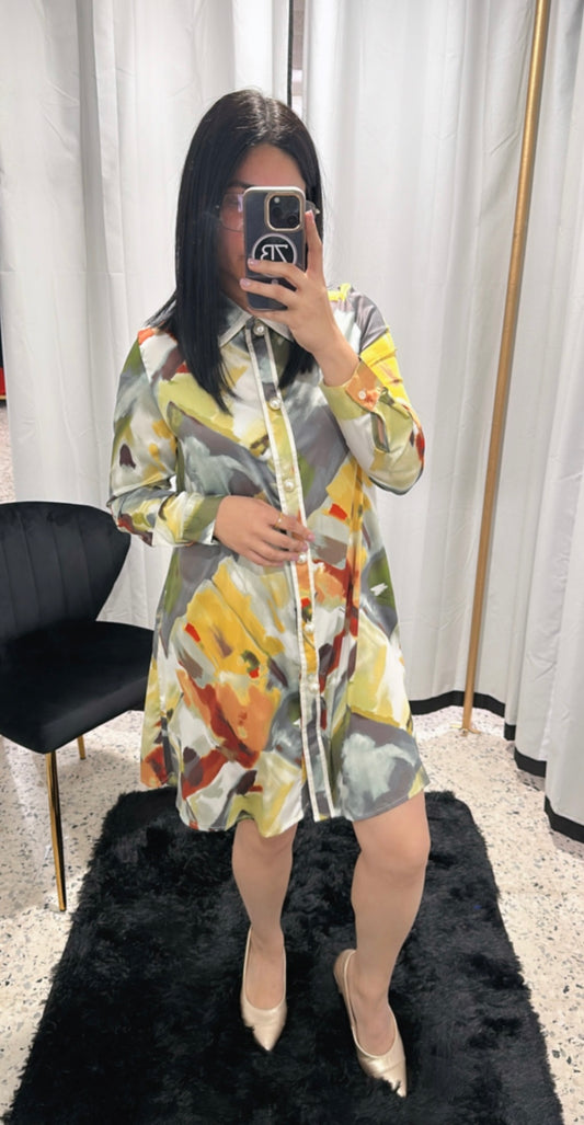 Pearl button down print dress
