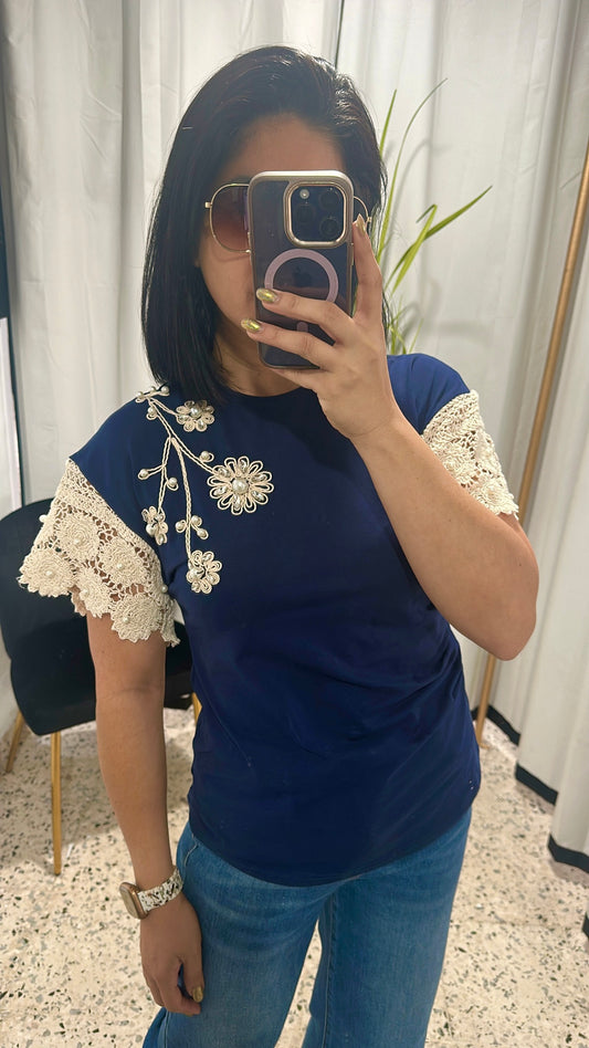 Lace short sleeve rhinestone detail round neck T-shirt
