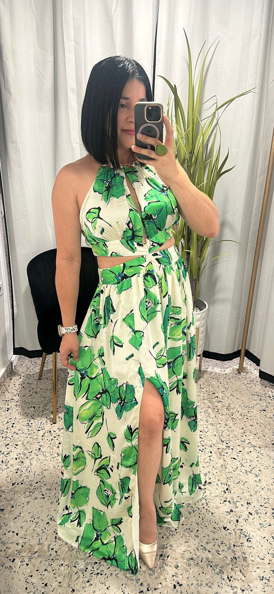 Green flowers halter maxi dress