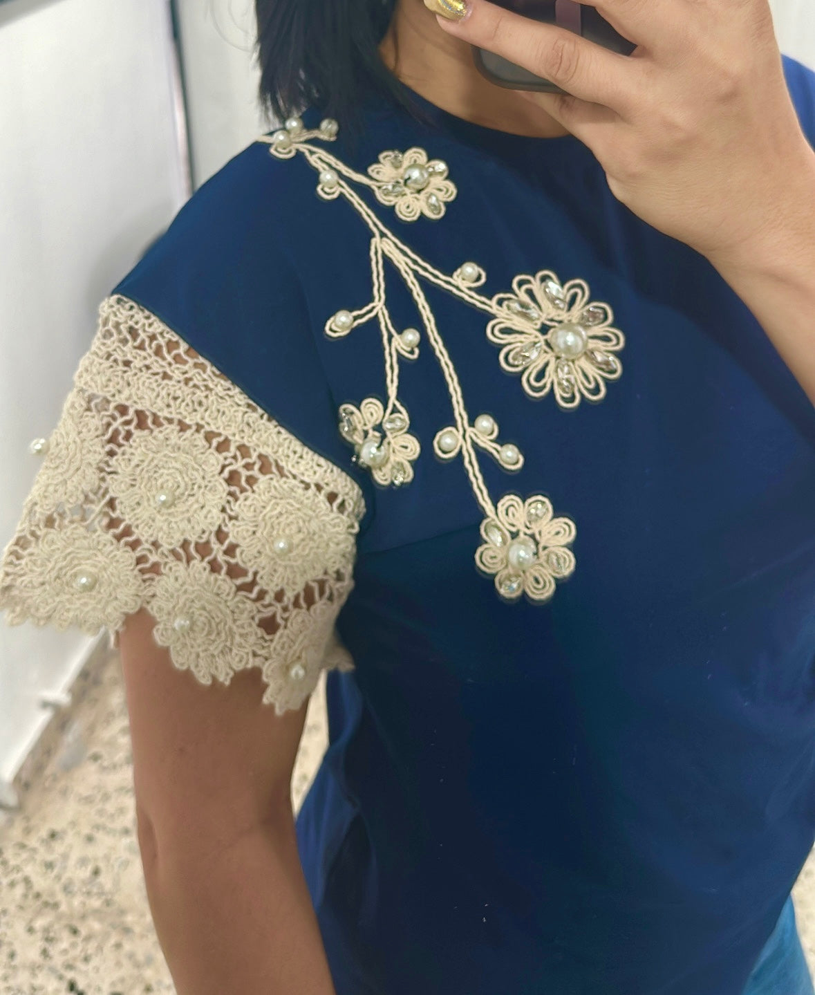 Lace short sleeve rhinestone detail round neck T-shirt
