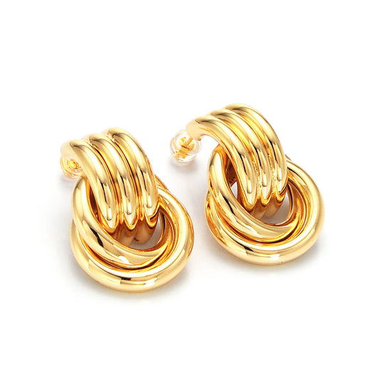 Gold Multiple Circular Band Door Knocker Drop Stud Earrings