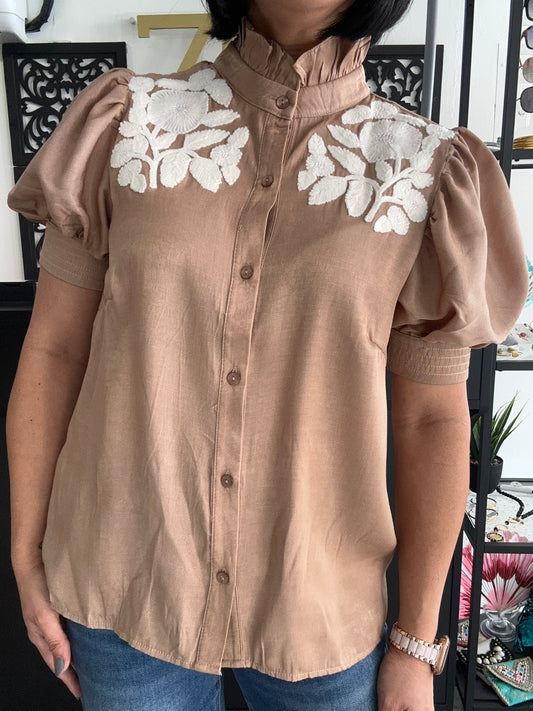 Ruffled neck puff sleeve top