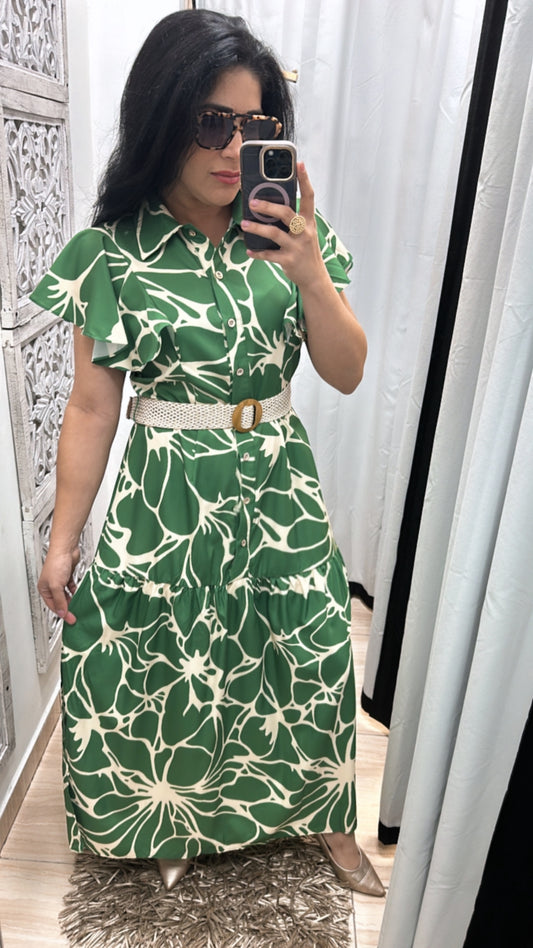 Green flowers maxi dress with belt