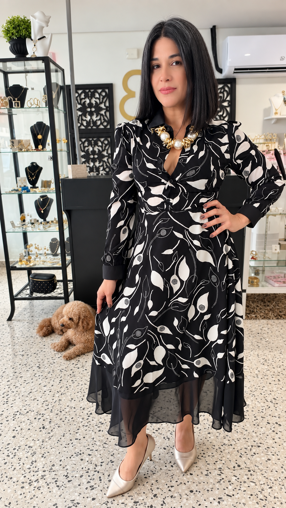 Abstract Long Sleeve Midi Dress