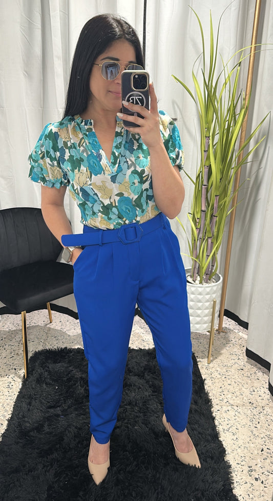 Royal blue pants with belts