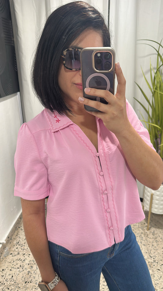 Button down top with embroidered detail
