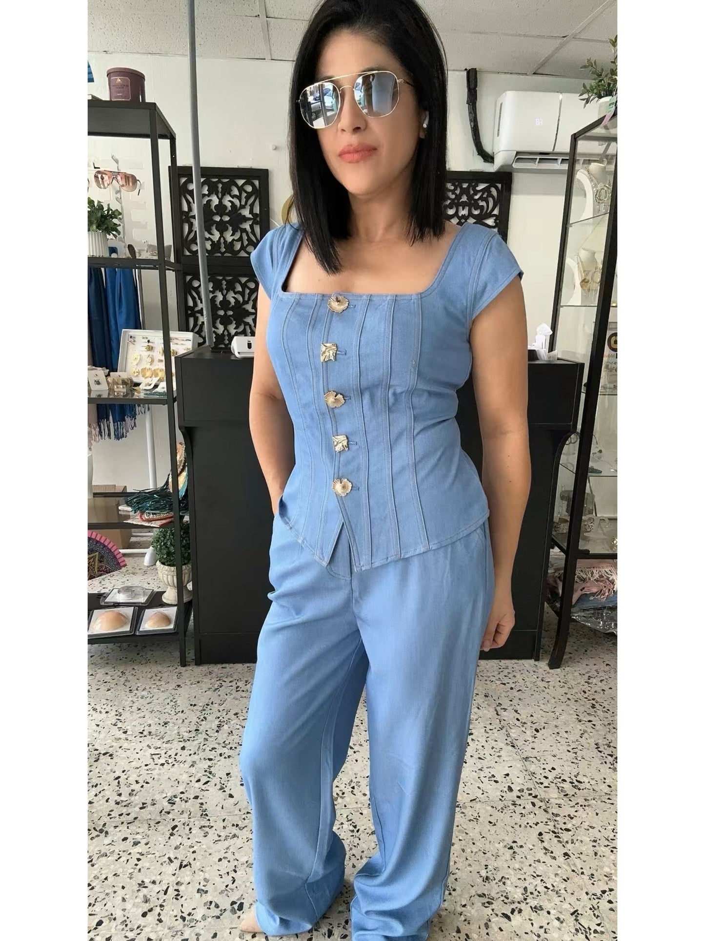 Denim with gold buttons