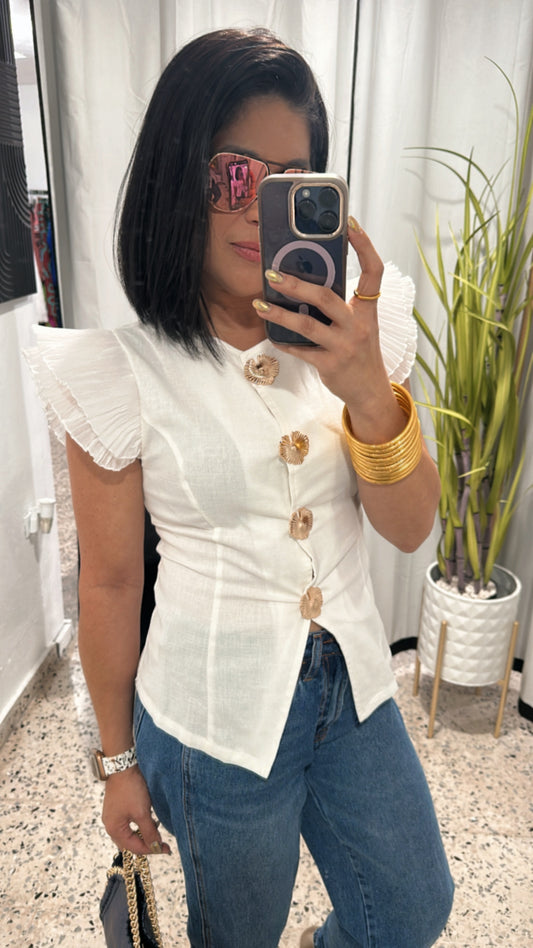 Ruffle short sleeve metal button shirt