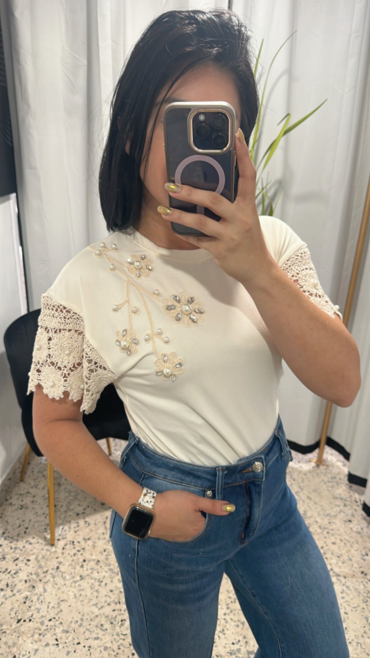Lace short sleeve rhinestone detail round neck T-shirt