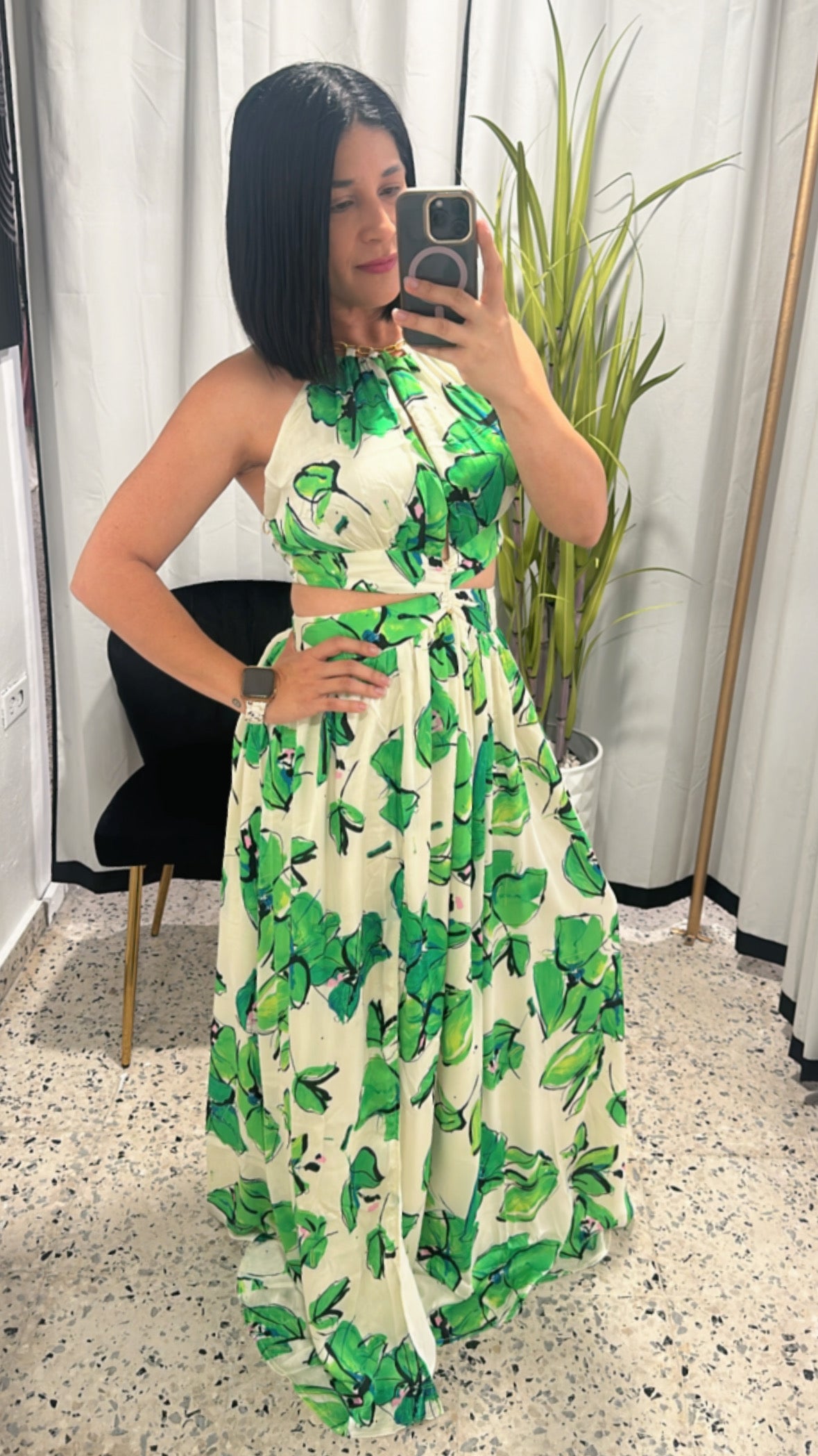 Green flowers halter maxi dress