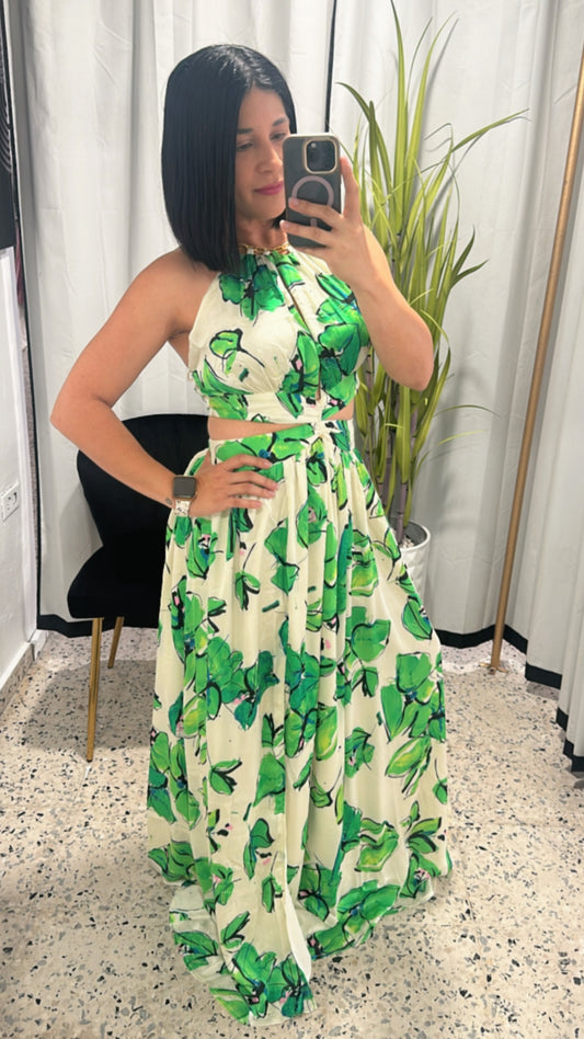 Green flowers halter maxi dress